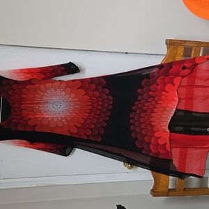 Envy high low summer dress black& red floral w/ shiny details lined